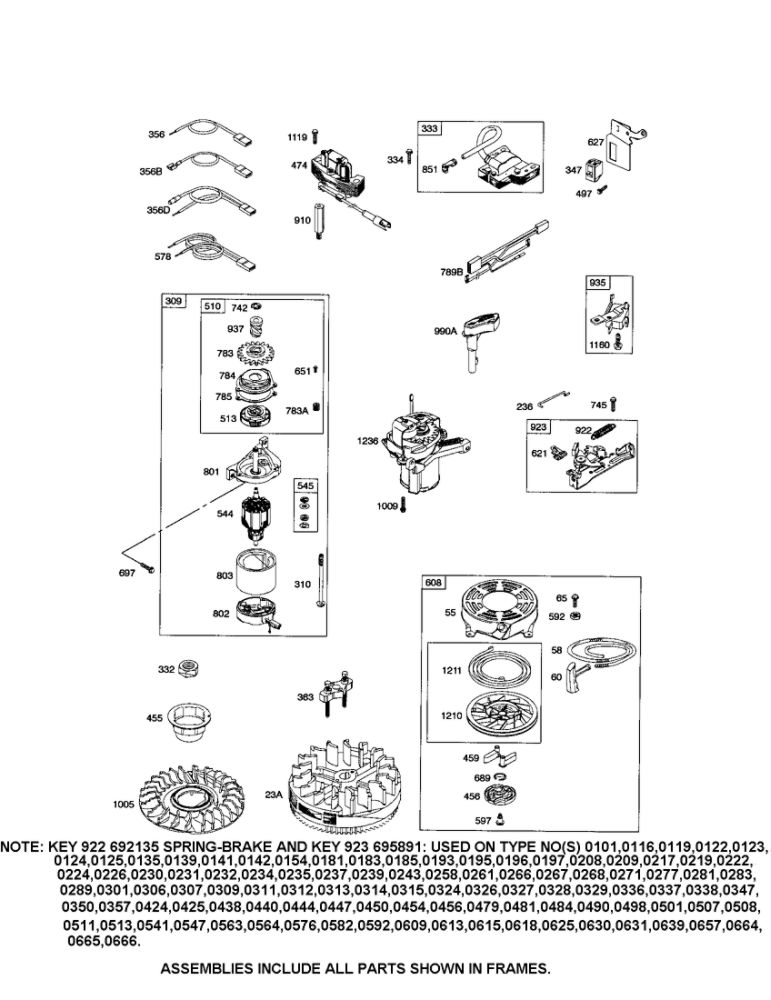Motor-Starter/Spring-Brake/Note Diagram and Parts List for 123K02-0353-E1  Briggs and Stratton Engine